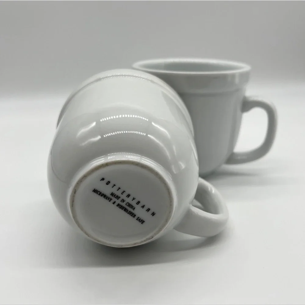 Pottery Barn Set of 2 Suppertime White Coffee Mugs Cups Wide Rim Bistro